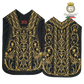 Emblematik by Pasamanerias y Bordados black silk Roman chasuble with intricate gold floral embroidery for clergy