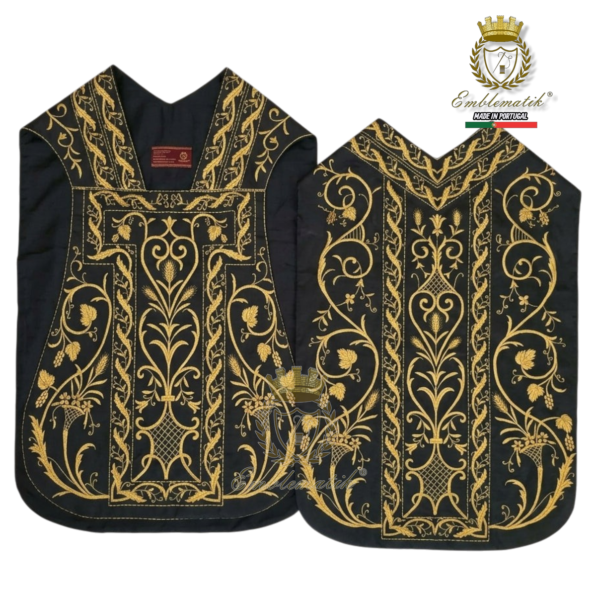 Emblematik by Pasamanerias y Bordados black silk Roman chasuble with intricate gold floral embroidery for clergy