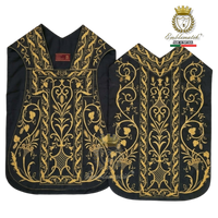 Emblematik by Pasamanerias y Bordados black silk Roman chasuble with intricate gold floral embroidery for clergy