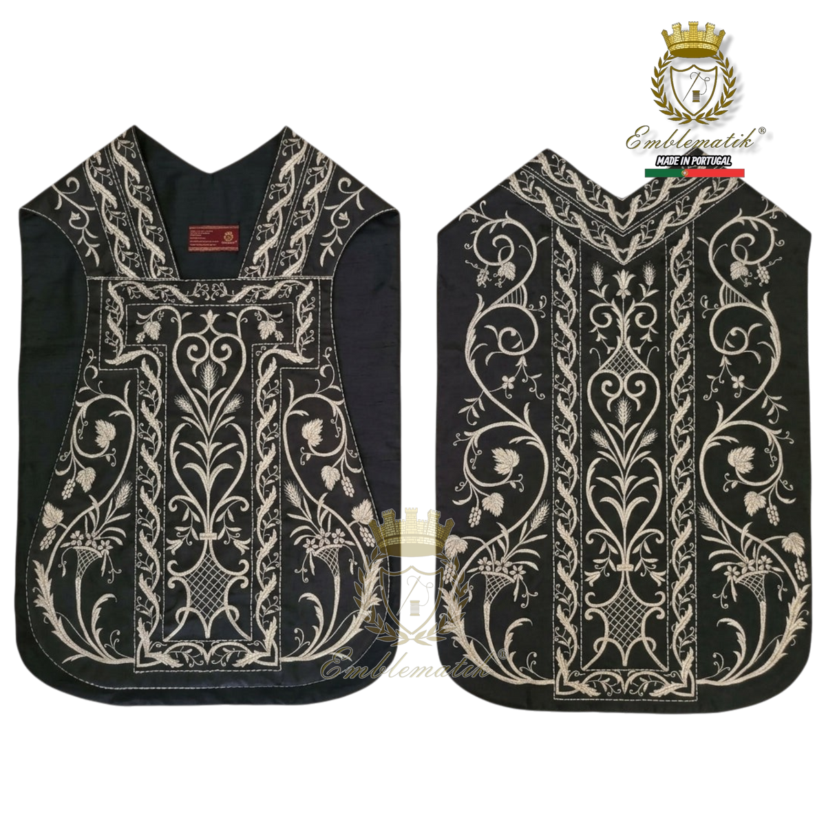 Emblematik by Pasamanerias y Bordados black silk Roman chasuble featuring intricate silver floral embroidery