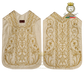 Emblematik by Pasamanerias y Bordados white silk Roman chasuble with intricate gold floral embroidery