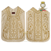 Emblematik by Pasamanerias y Bordados white silk Roman chasuble with intricate gold floral embroidery