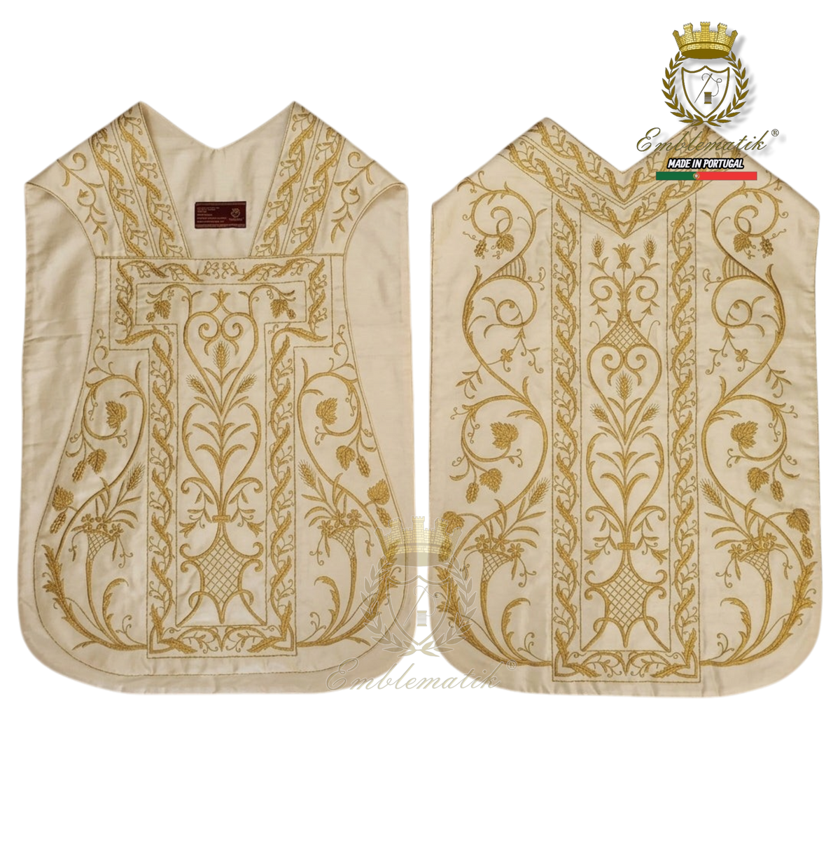 Emblematik by Pasamanerias y Bordados white silk Roman chasuble with intricate gold floral embroidery