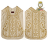 Emblematik by Pasamanerias y Bordados white silk Roman chasuble with intricate gold floral embroidery