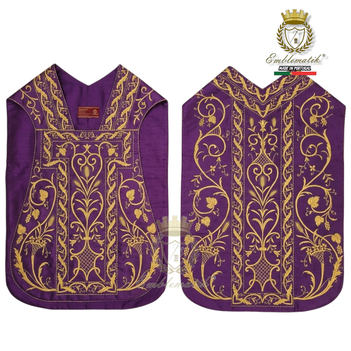 Emblematik by Pasamanerias y Bordados purple silk Roman chasuble with intricate gold floral embroidery for clergy