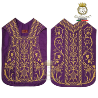 Emblematik by Pasamanerias y Bordados purple silk Roman chasuble with intricate gold floral embroidery for clergy