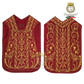 Emblematik by Pasamanerias y Bordados burgundy silk Roman chasuble with intricate gold floral embroidery