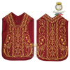 Emblematik by Pasamanerias y Bordados burgundy silk Roman chasuble with intricate gold floral embroidery