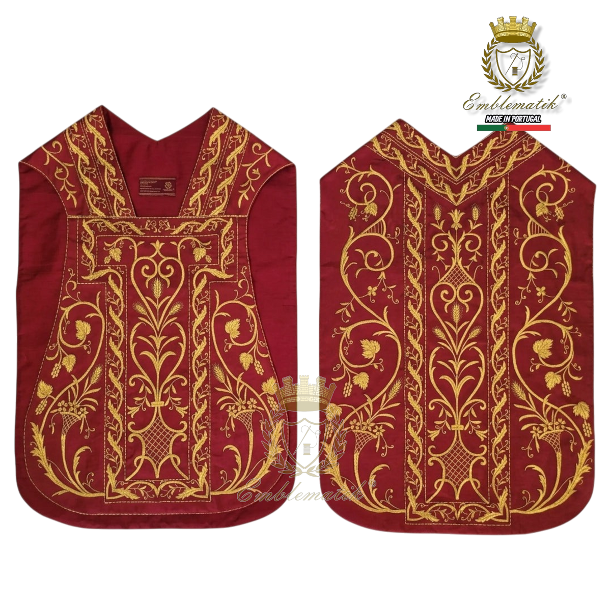 Emblematik by Pasamanerias y Bordados burgundy silk Roman chasuble with intricate gold floral embroidery
