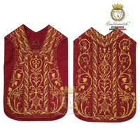 Emblematik by Pasamanerias y Bordados burgundy silk Roman chasuble with intricate gold floral embroidery