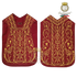 Emblematik by Pasamanerias y Bordados burgundy silk Roman chasuble with intricate gold floral embroidery