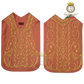 Emblematik by Pasamanerias y Bordados rose silk Roman chasuble with intricate gold floral embroidery for clergy