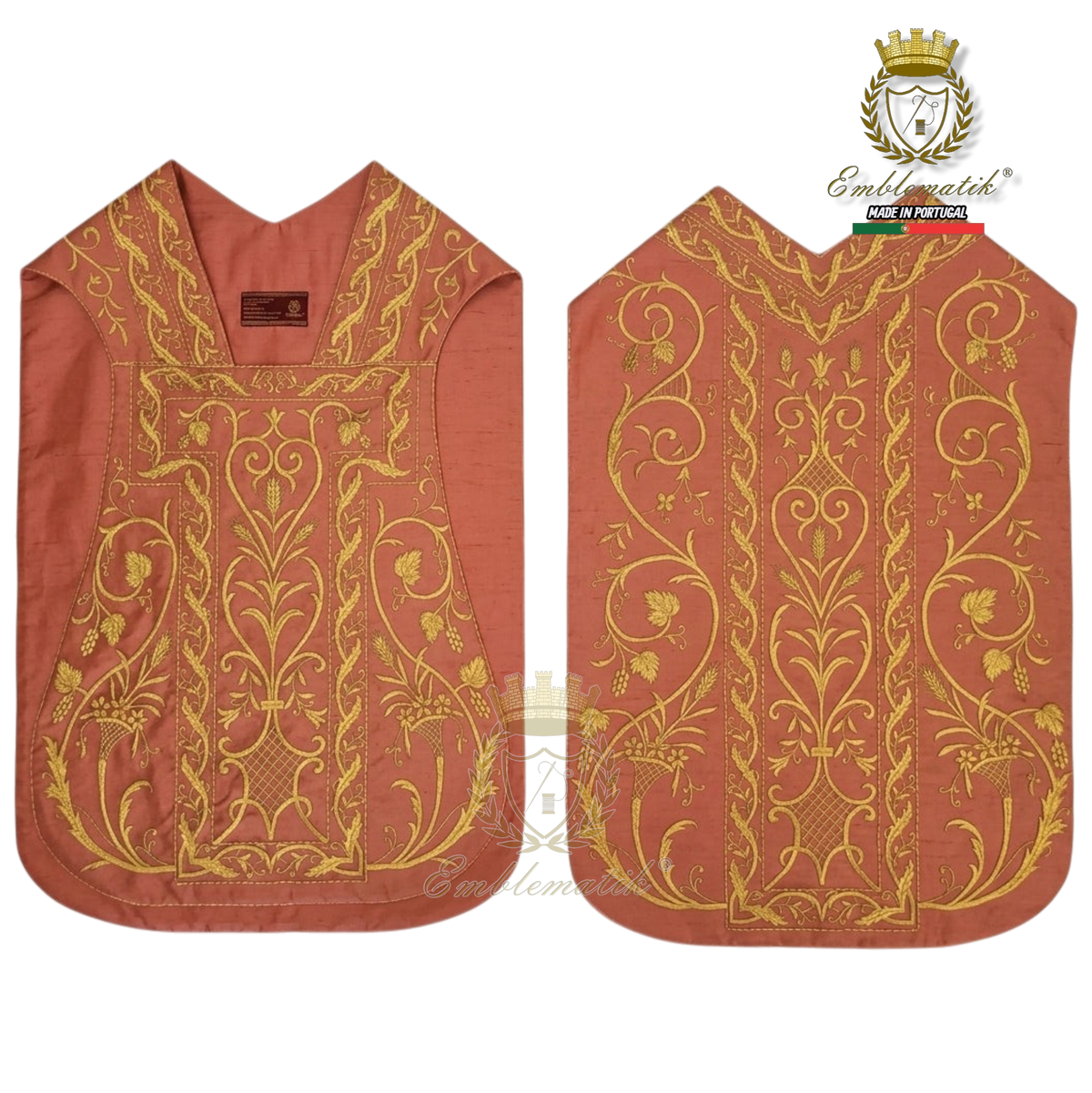 Emblematik by Pasamanerias y Bordados rose silk Roman chasuble with intricate gold floral embroidery for clergy