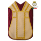 Emblematik by Pasamanerias y Bordados burgundy and cream liturgical chasuble with intricate gold lace trim