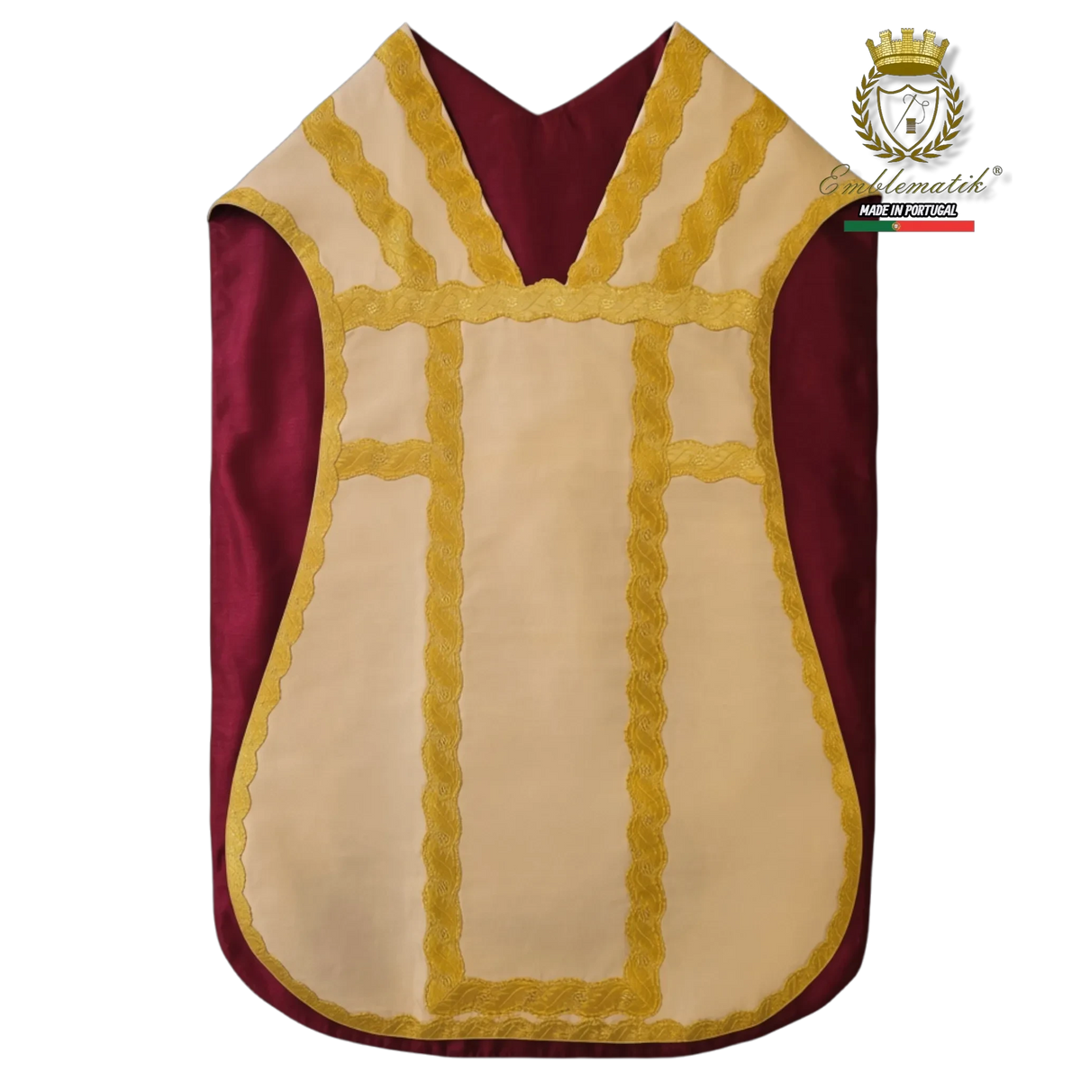 Emblematik by Pasamanerias y Bordados burgundy and cream liturgical chasuble with intricate gold lace trim