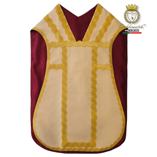 Emblematik by Pasamanerias y Bordados burgundy and cream liturgical chasuble with intricate gold lace trim