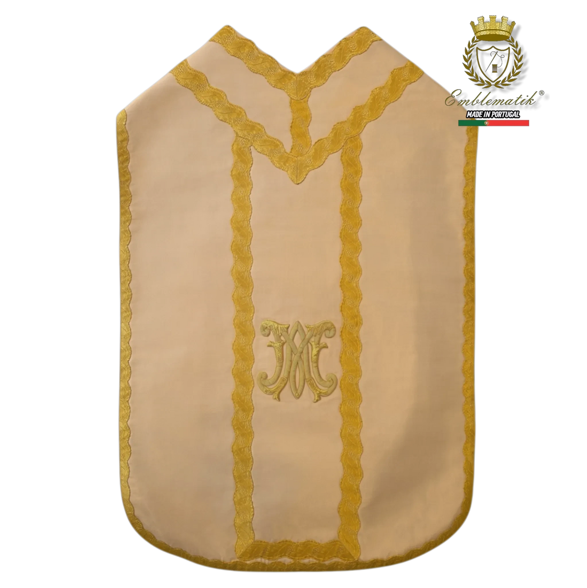 Emblematik by Pasamanerias y Bordados cream liturgical chasuble with gold lace trim and Marian monogram embroidery.