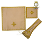 Emblematik by Pasamanerias y Bordados cream liturgical altar linen set with gold cross embroidery and lace trim