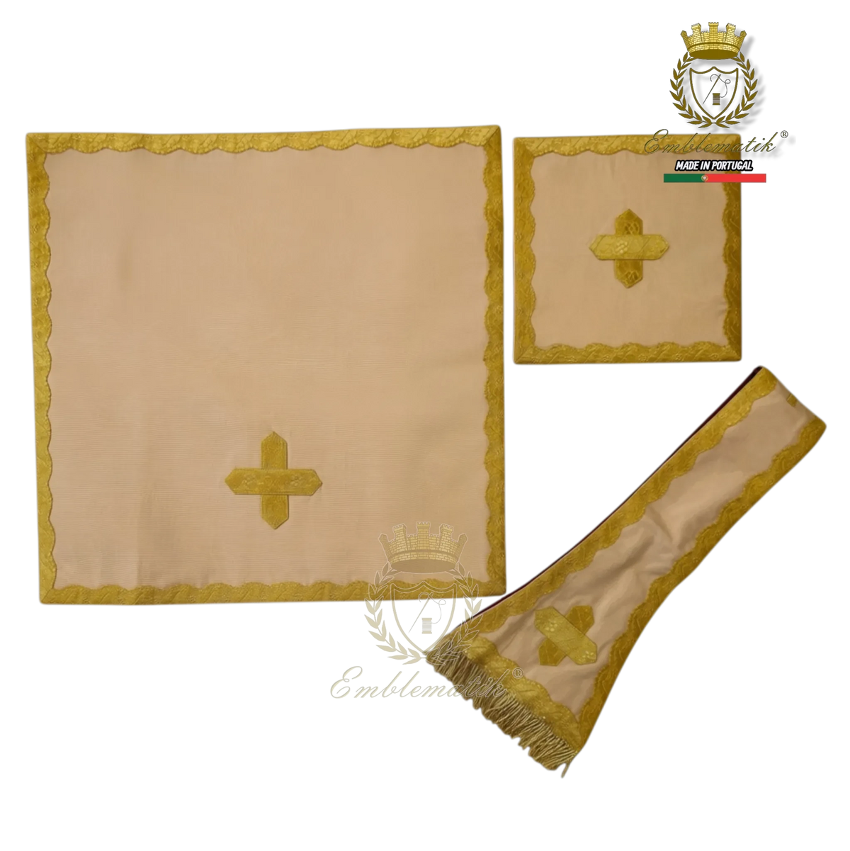 Emblematik by Pasamanerias y Bordados cream liturgical altar linen set with gold cross embroidery and lace trim
