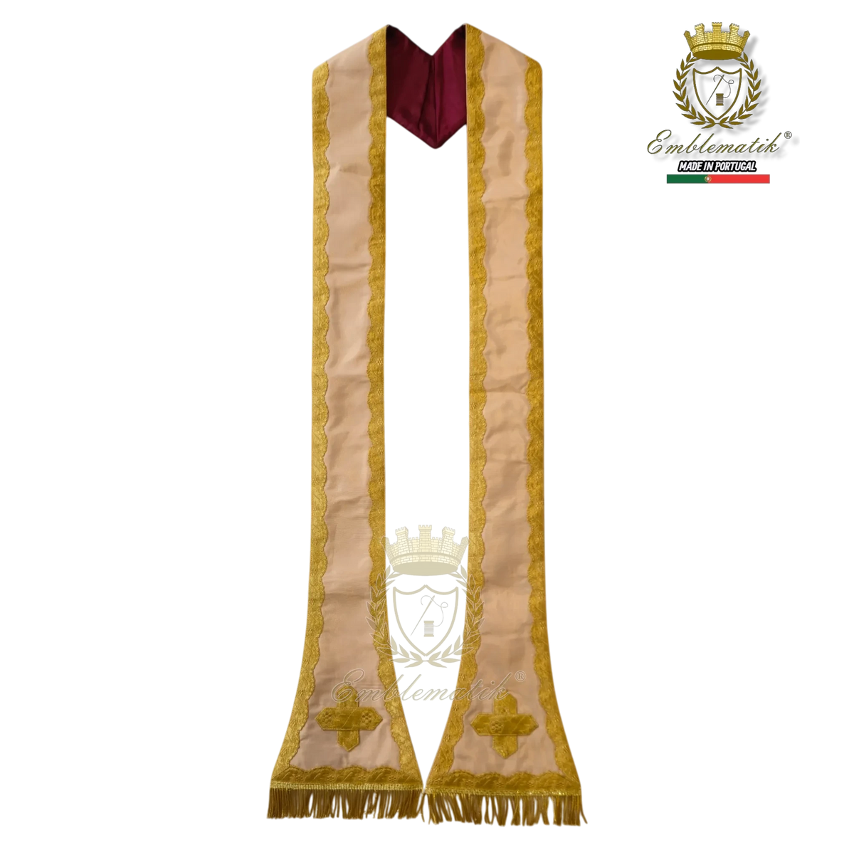 Emblematik by Pasamanerias y Bordados cream liturgical stole with gold lace trim, embroidery, and fringe detailing.